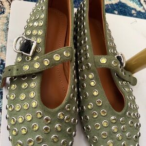 NWT - Crystal Olive Green Mary Jane Flats